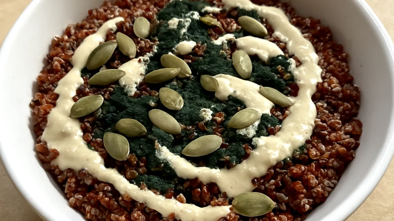 Insalata di quinoa rossa con semi di zucca, spirulina e tahini"